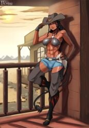 1futa abs ash_mercer breasts bulge clothed cowboy_hat dickgirl futa futa_only futanari intersex itch4art looking_at_viewer muscular muscular_futanari penis_under_clothes red_eyes solo solo_futa