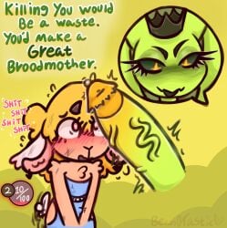 anthro atlyss bean0tastic beanie_(bean0tastic) big_penis blonde_hair blush blush_lines bodily_fluids bovid caprine cum dialogue duo english_text eyelashes female fluffy fluffy_chest fluffy_ears fluffy_shoulders futa_with_male futanari gameplay_mechanics genital_fluids genitals goo_creature gui hair health_bar heart_pupils heart_symbol hi_res horn imminent_rape imminent_sex leaking_cum looking_at_genitalia looking_at_penis looking_up male male/futa mammal penis profanity sheep size_difference slime slime_diva star_eyes sweat tagme tail tail_motion tailwag text throbbing throbbing_penis vein veiny_penis