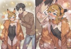 ai ai_art ai_generated almond_eyes androgynous black_lipstick blue_eyes blush boop boyfriend choker coat coat_on_shoulders cosplay costume crossdressing cute earrings femboy feminine_male feminization fluffy fluffy_ears fluffy_fur flustered fox fox_ears fox_tail girly girly_boy golden_hair hylian hylian_ears jacket link link_(breath_of_the_wild) link_(tears_of_the_kingdom) luxica nintendo nose_pinch novelai romantic shy the_legend_of_zelda trap twink uncensored