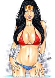 1girls 2018 amazon belly_button big_breasts big_breasts bikini black_hair blue_bikini_bottom blue_eyes blue_panties bra bracers breasts busty cleavage curvaceous curvy dated dc dc_comics diana_prince ed_benes_studio eyeshadow female female_only goddess hand_in_panties hands_in_panties justice_league large_breasts leonardo_frizzi long_hair makeup mascara midriff navel panties pinup red_bikini_top red_bra signature solo standing standing_in_water stomach superheroine themysciran thighs tiara voluptuous water wonder_woman wonder_woman_(series)