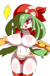 1boy 1girls 3_fingers abs ambiguous_gender anthro anthrofied areolae bag bandana belly belt big_breasts blush breast_squeeze breasts cosplay disembodied_hand eyelashes female green_hair green_skin hair_over_one_eye heavy_breathing high_resolution holding huge_breasts huge_thighs human humanoid interspecies kirlia large_ass long_hair lucyfercomic may_(pokemon)_(cosplay) moaning motion_lines navel nintendo nipple_pinch nipple_pull nipples open_mouth pale-skinned_male pale_skin panties partially_clothed pokémon_(species) pokemon pokemon_(species) pokemon_rse pokemon_trainer_(cosplay) pokephilia pov red_eyes red_panties red_thighhighs red_thong short_hair solo_focus standing thick_thighs thighhighs thin_waist thong topless trembling white_background white_skin wide_hips