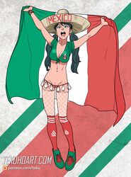 1girls arms_up bottomless breasts cleavage condom condom_belt crotchless female filled_condom fishnet_stockings fishnets flag full_body green_eyes hispanic human latin_america latina mexican mexican_flag mexico midriff national_personification panties petite pigeon-toed pigeon_toed pussy revealing_clothes skinny soccer solo standing teen teenage_girl teenager tekuho thighhighs uniform used_condom world_cup