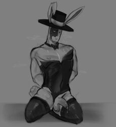 artful_(die_of_death) bowtie bunny_ears bunny_tail bunnysuit cock die_of_death_(roblox) fr*nch greyscale magician pecs penis penis_out precum precum_drip roblox roblox_game robloxian thighs thights tied_hands tied_up