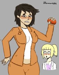2girls ass_expansion black_hair blush blushing breast_expansion breast_growth breast_growth_(enlargement) confinement_(lord_bung) connor_cornwall embarrassed flustered gender_transformation jumpsuit large_hips male_to_female mtf_transformation natalie_powers rule_63 scp scp-113 scp_foundation tagme transformation yuri