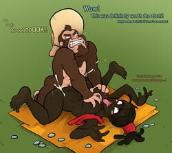 1boy 1girls abs anthro beard bestiality clothing cum cum_in_pussy cum_inside cum_splatter dark-skinned_female dark_skin deponia dialogue duo english_text facial_hair female female_penetrated furry goodbye_deponia hat headgear headwear hi_res human human_on_anthro interspecies june_(deponia) male male_penetrating mammal monkey muscular muscular_male nude orgasm penetration primate prostitution pussy rufus_(deponia) sex sparrow_(artist) spread_legs spreading stomach_bulge straight text thick_thighs tongue tongue_out vaginal_penetration wide_hips