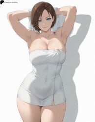 1girls ai_generated armpits arms_behind_head blue_eyes breasts brown_hair closed_mouth collarbone female hi_res high_quality high_resolution highres jill_valentine large_breasts light light_smile lips looking_at_viewer nose opal_nemy patreon_logo patreon_url patreon_username plain_background resident_evil self_upload shadow shiny shiny_hair shiny_skin short_hair simple_background solo standing thick_thighs thighs towel watermark white_background white_towel wide_hips
