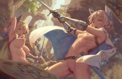 2girls arrow_(projectile) bigrbear blonde_hair bow_(weapon) breasts cape gauntlets green_eyes highres holding holding_bow_(weapon) holding_sword holding_weapon large_breasts multiple_girls nipple_piercing nipples nude open_mouth original outdoors pussy ruins short_hair small_breasts sword uncensored weapon white_cape yellow_eyes