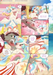 2019 ?! alicorn beach bikini blush bulge clothing comic dialogue discord_(mlp) draconequus english_text equine erection falleninthedark feral friendship_is_magic horn kissing mammal my_little_pony princess_celestia_(mlp) sand sea seaside stepandy swimsuit text water wings