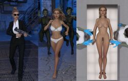 3d 3girls blonde_hair bra clothed down_out_stripped female female_only full_body gun nude nude_female on/off original panties sequence sunglasses underwear white_bra white_panties white_underwear