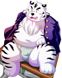 2009 anthro balls belly black_nose bulge clothing felid fundoshi fur humanoid_hands japanese_clothing lako male male_only mammal moobs navel nipples overweight overweight_male pantherine shirt sitting solo tiger underwear white_fur