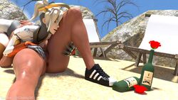 2girls 3d 69 beach blonde_hair chairs dark-skinned_female dark_skin female female_only ghosy mercy overwatch pharah sand shoes tagme thighs tree trees yuri