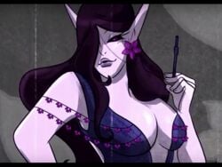 black_hair black_sclera classy dark_hair dragon dress elf eyelashes female flower flower_in_hair flower_on_head full_cleavage hair_over_one_eyes lips long_ears long_hair looking_at_viewer pale_skin picture pointy_ears purple_eyes purple_flower quintara_lotus smoking urealms