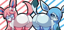 2019 2girls alternate_hairstyle annyglaceon_(mintyspirit) anthro anthrofied areolae ass ass_to_ass bent_over big_ears blue_background blue_eyes blue_fur blue_thighhighs breasts canine clothing duo eeveelution eye_contact eyelashes eyewear female female_only fur furry generation_4_pokemon generation_6_pokemon glaceon glasses hair hair_over_one_eye hanging_breasts javisylveon_(mintyspirit) large_ass latex legwear long_ears long_hair looking_at_viewer looking_back mammal mintyspirit nintendo nipples nude open_mouth original_character pink_background pink_ears pink_fur pink_thighhighs pokémon_(species) pokemon pokemon_dppt pokemon_xy presenting presenting_hindquarters pussy raised_tail ribbon skin_tight smile stockings surprise sylveon tail teeth thick_thighs thighhighs tongue video_games white_background white_fur wide_hips