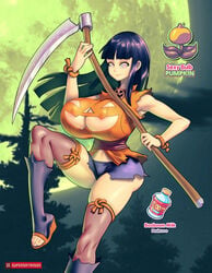 1girls artist_name ass_expansion big_breasts black_hair booboom_milk breast_expansion breasts cleavage english_text female female_only hair halloween hyuuga_hinata large_breasts naruto nipple_bulge open_toe_shoes power_up scythe sexy_bulb sexy_bulb_(pumpkin) shounen_jump solo supersatanson text watermark