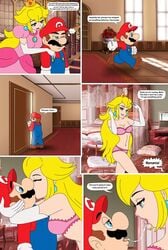 1boy 1girls artist_request blonde_hair blue_eyes comic dialogue english_text female indoors kissing lingerie long_hair makeup_sex male mario mario_(series) nintendo princess_peach saliva source_request speech_bubble text underwear