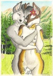 2019 anthro biped breasts canid canine canis claws duo female fur graphite_(artwork) grey_fur hair humanoid_hands lyra_moreau male mammal multicolored_fur nipples nude open_mouth outside pencil_(artwork) pussy smile standing syntech tattoo tongue traditional_media_(artwork) weylan_carter white_fur wolf