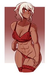 1girls abs dark-skinned_female dark_skin face_markings fire_emblem fire_emblem_fates lingerie lips muscular muscular_female red_eyes rinkah_(fire_emblem) scruffyturtles six_pack tagme thick_thighs undressing white_hair wide_hips