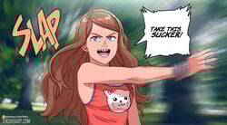 1girls 2d 2d_(artwork) blue_eyes braces breasts brown_hair dialogue english female femdom human light-skinned_female light_skin long_hair looking_at_viewer medium_breasts original pov slap slap_pov slapped slapping solo straight_hair talking_to_viewer tammy_(tekuho) tekuho