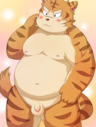 2011 anthro balls belly blush felid flaccid humanoid_hands humanoid_penis lako male male_only mammal moobs navel nipples overweight overweight_male pantherine penis simple_background solo tiger