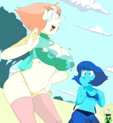 2019 3girls alien areolae big_areola big_nipples blue_eyes blue_hair blue_skin breast_envy breasts cartoon_network cleavage_cutout dialogue embarrassed erect_nipples female female_only green_skin hoshime huge_breasts lapis_lazuli_(steven_universe) large_breasts lost_clothes nipples oblivious outdoors panties pearl_(steven_universe) peridot_(steven_universe) size_comparison steven_universe text torn_clothes undressing wave wide_hips