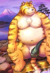 2012 anthro balls belly felid flaccid fur humanoid_hands lako male male_only mammal moobs navel nipples outside overweight overweight_male pantherine penis sitting solo tiger yellow_fur