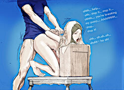 1boy 1girls arm_grab arms_behind_back arms_held_back barefoot begging_to_stop bottomless closed_eyes doggy_style duo english_text explicitly_stated_nonconsent faceless_male feet female forced from_behind_position hijab hijabholic human lipstick male male_domination muslim on_knees open_mouth rape solo_focus straight tagme toes