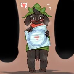 1boy 2019 anthro big_penis black_fur blush bovid caprine clothed clothing condom condom_wrapper deltarune eyewear foreskin fur glasses goat humanoid_penis hyper hyper_condom imminent_sex it'll_never_fit male male_only mammal partially_retracted_foreskin penis ralsei scarf simple_background syuro teapot_(body_type) uncut yaoi