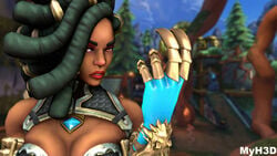 3d breasts cleavage cleavage_cutout dark-skinned_female dark_skin dreadlocks eyeshadow gauntlets huge_breasts imani_(paladins) jewelry large_breasts looking_at_viewer myh3d paladins source_filmmaker