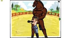 1boy 1girls animated anthro blonde_hair bouncing_breasts breeding_season cum cumshot equine equine_penis farm female game_cg handjob head_grab horse horse_boy longer_than_30_seconds male no_bra no_sound pixel_art size_difference smaller_female tagme topless video