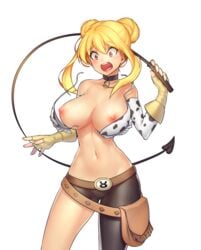 :o animal_print areolae bell bell_collar belt big_breasts blonde_hair breasts breasts_out brown_hair collar cow_girl cow_print cow_tail exposed_breasts fairy_tail female gloves large_breasts leggings long_hair lucy_heartfilia nipples open_mouth scaverle_(mao) simple_background solo surprised tail thighs tied_hair twintails wardrobe_malfunction weyy whip white_background