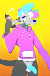 2019 anthro blush clothed clothing flaccid fur girly hair hoodie humanoid_penis looking_at_viewer male penis simple_background solo spraypaint standing tigertooth yaoi