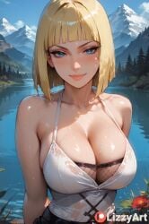 ai_generated bangs blonde_female blonde_hair blue_eyes blush bob_cut female looking_at_viewer naruto naruto_(series) naruto_shippuden outdoors patreon samui short_hair stable_diffusion watermark
