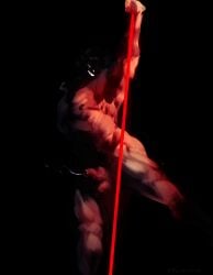 absurd_res anthro balls bodily_fluids canid canine dancing digital_media_(artwork) fur genital_fluids genitals hair hi_res male mammal monster nipples nude open_mouth penis pole pole_dancing precum simple_background solo stripper stripper_pole yo_zee