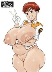 1girls blue_eyes bottomless bottomless_female breasts brown_hair clothed clothed_female clothing detnox female female_focus female_only gloves huge_breasts looking_at_viewer nipples noa_izumi partially_clothed patlabor plump pussy short_hair simple_background smile smiling sole_female solo solo_female solo_focus tomboy v_sign vagina white_background