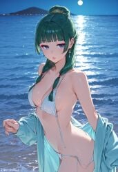 ai_generated bangs bare_shoulders beach bikini blue_eyes blunt_bangs botchi996 breasts cleavage collarbone day earrings eyebrows_visible_through_hair female green_hair hair_bun hair_ornament jacket jewelry kusuriya_no_hitorigoto long_hair looking_at_viewer maomao_(kusuriya_no_hitorigoto) medium_breasts navel ocean off_shoulder open_clothes open_jacket outdoors parted_lips side-tie_bikini sidelocks solo string_bikini swimsuit untied untied_bikini wading water white_bikini