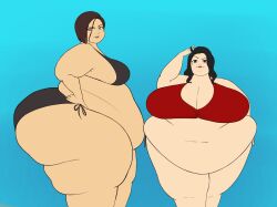 2girls belly belly_fat belly_fetish belly_focus belly_overhang big_belly big_breasts bikini bottom_heavy breasts fat fat_belly fat_female fat_fetish fat_thighs female female_focus female_only flabby_arms flabby_legs looking_at_viewer massive_breasts morbidly_obese_female obese overweight_female posing shorter_female swimsuit taller_girl undersized_clothes wide_hips wing_stair