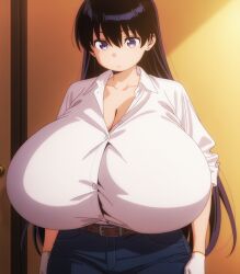 1girls absurdres ai_generate ai_generated areola ass bangs bare_shoulders belly belt big_ass big_breasts bimbo black_hair blue_pants blush bottom_heavy breast_expansion breast_growth breast_suppress breasts breasts_bigger_than_head breasts_bigger_than_torso brown_belt bulge bursting_breasts collarbone collared_shirt covered_nipples covering_breasts cowboy_shot curvaceous curvy earrings elmenois expansion fake_breasts female female_focus female_only full_body fully_clothed fully_clothed_female gigantic_breasts gloves grey_eyes growth gyaru hair_between_eyes hentai hi_res high_resolution highres hips hourglass_figure huge_breasts human human_only hyper hyper_breasts hyper_genitalia inflation jeans jewelry large_breasts long_black_hair long_hair looking_at_viewer nagi_arato nipples no_bra older_female open_clothes open_shirt oppai pants progression ruri_no_houseki ruri_rocks shiny_skin shirt sleeves_rolled_up smile smiling smiling_at_viewer solo solo_female solo_focus standing standing_female sweat taking_clothes_off thick_ass thick_thighs thighs transformation unbuttoned unbuttoned_pants unbuttoned_shirt uncensored undersized_clothes undressing upper_body very_long_hair voluptuous voluptuous_female white_gloves white_shirt wing_collar