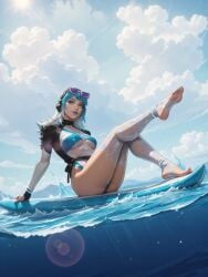 ai_generated bikini blue_eyes blue_hair blue_sky breasts choker cleavage cloud cloudy_sky day eyewear_on_head feet female fingerless_gloves full_body gloves goggles large_breasts looking_at_viewer luna_snow luna_snow_(marvel_rivals) marvel marvel_comics marvel_rivals medium_breasts multicolored_hair nail_polish ocean outdoors sky smile soles solo sunglasses swimsuit thighhighs toeless_legwear toes water xsfmworks