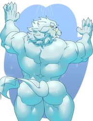 ass back_muscles eyewear felid fur lion male male_only mammal mane monocle muscular muscular_male nomorebiscuit nude pantherine showering snow_(tokyo_afterschool_summoners) tokyo_afterschool_summoners video_games wet white_fur