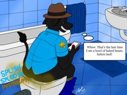 ass bovid bovine cattle closed_eyes clothed clothing doggettdouglasmcdog fart feces hat male mammal pants_down partially_clothed phone sitting smile solo toilet toilet_use uniform