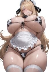 1girls ai_generated blonde_hair breasts cow_print cow_print_bikini cynthia_(pokemon) female flyingpancake hair_over_one_eye hi_res huge_breasts light-skinned_female light_skin long_hair maid maid_bikini naughty_face nintendo pokemon_dppt thick_thighs thighs wide_hips