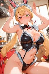 ai_generated alice_thymefield animal_ears armpits arms_up blonde_hair blush braid breasts cleavage fake_animal_ears female food_on_body frills green_eyes hair_ornament heterochromia highleg indoors just_pepel kitchen large_breasts long_hair looking_at_viewer low_twintails maid maid_headdress navel panties parted_lips playboy_bunny rabbit_ears rabbit_pose red_eyes smile solo stomach thighs twintails very_long_hair virtual_youtuber zenless_zone_zero