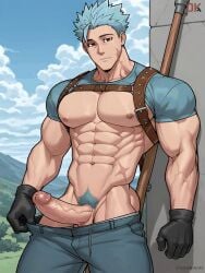 1boy abs ai_generated artist_name ban_(nanatsu_no_taizai) bara biceps blue_hair chest_harness clothes_lift clothes_pull cloud cloudy_sky day donkaiai erection gloves harness large_pectorals leather looking_at_viewer male male_focus male_pubic_hair manly mature_male muscular muscular_male nanatsu_no_taizai navel nipples outdoors pants pants_pull pectorals penis pubic_hair red_eyes scar scar_on_face seven_deadly_sins shirt short_hair sky solo spiked_hair the_seven_deadly_sins thick_arms thick_thighs thighs tight uncensored veins veiny_arms veiny_penis weapon
