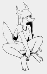 canid canine canis clothing erection female hair jackal jakkie_(newd) long_hair mammal newd panties small_breasts smile solo teeth underwear undressing