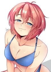 1girls bare_shoulders blue_bra blue_eyes blue_panties bra breasts cleavage collarbone doki_doki_literature_club female freckles freckles_on_breasts matching_underwear onyxvoyd panties sayori_(doki_doki_literature_club) smug smug_face smug_grin strawberry_blonde_hair underwear underwear_only