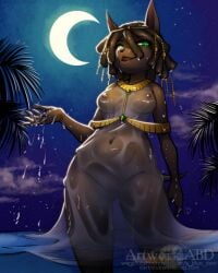 breasts cloud crescent_moon dark_skin female furry green_eyes grey_skin moon night night_sky nipples palm_tree see-through sky solo star_(sky) starry_sky tree watermark wet