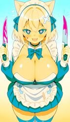 ai_generated areola areolae big_breasts cat_ears cleavage gigantic_breasts huge_breasts knife maid maid_uniform pixai tagme