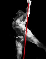 absurd_res anthro balls bodily_fluids canid canine dancing digital_media_(artwork) fur genital_fluids genitals hair hi_res male mammal monster nipples nude open_mouth penis pole pole_dancing precum simple_background solo stripper stripper_pole yo_zee
