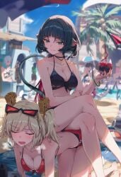 2girls ai_generated animal_ears bangs bare_legs bare_shoulders beach beach_umbrella bikini blue_eyes blue_hair blue_sky blurry blurry_background blurry_foreground blush breasts burnice_white cleavage closed_eyes cloud collarbone crossed_legs day depth_of_field eyewear_on_head female front-tie_bikini front-tie_top horns jane_doe_(zenless_zone_zero) large_breasts long_hair medium_breasts multiple_girls open_mouth outdoors pointy_ears raaicave red_bikini sandals short_hair sitting sky smile sunglasses swimsuit thighs zenless_zone_zero