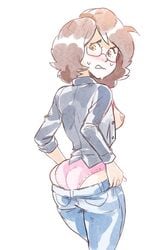 artist_self-insert ass back blush breasts brellom brellom_(character) brellomascot brells erect_nipples glasses jeans looking_back no_bra panties self_insert sketch sweat